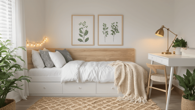 Cinematic wide-angle shot of a modern minimalist dorm room featuring a lofted Twin XL bed with white linens and gray geometric pillows, warm LED string lights, a white desk with a vintage brass lamp, sage green plants, a gallery wall of botanical prints, a chunky knit throw blanket, a patterned woven jute rug, and warm tungsten lighting during golden hour.