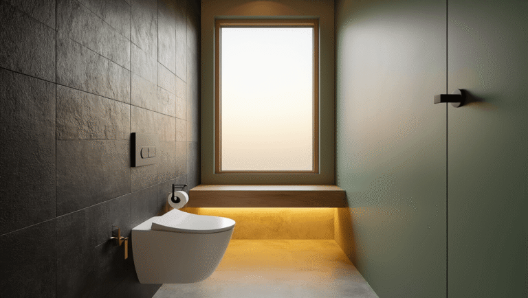Modern minimalist powder room with wall-hung white ceramic toilet, charcoal textured tiles, warm golden hour lighting, polished concrete floors, brushed brass fixtures, floating oak shelf, sage green accent wall, and matte black hardware accents, creating an elegant and cozy atmosphere.