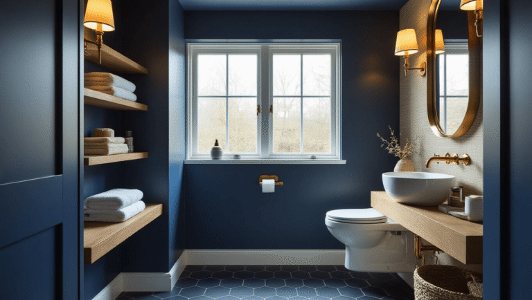 How I Transformed My Cramped Downstairs Toilet Into a Space That Actually Impresses Guests Cinematic interior of a compact downstairs toilet with navy walls, brass fixtures, warm lighting, and elegant decor, featuring a wall-mounted toilet, floating oak shelves, oversized brass-framed mirror, and charcoal hexagonal floor tiles.