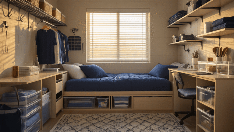 Cinematic wide-angle shot of a well-organized dorm room featuring vertical storage solutions and warm lighting, highlighting compact furniture, file-folded clothing in clear containers, and a cozy snack station.