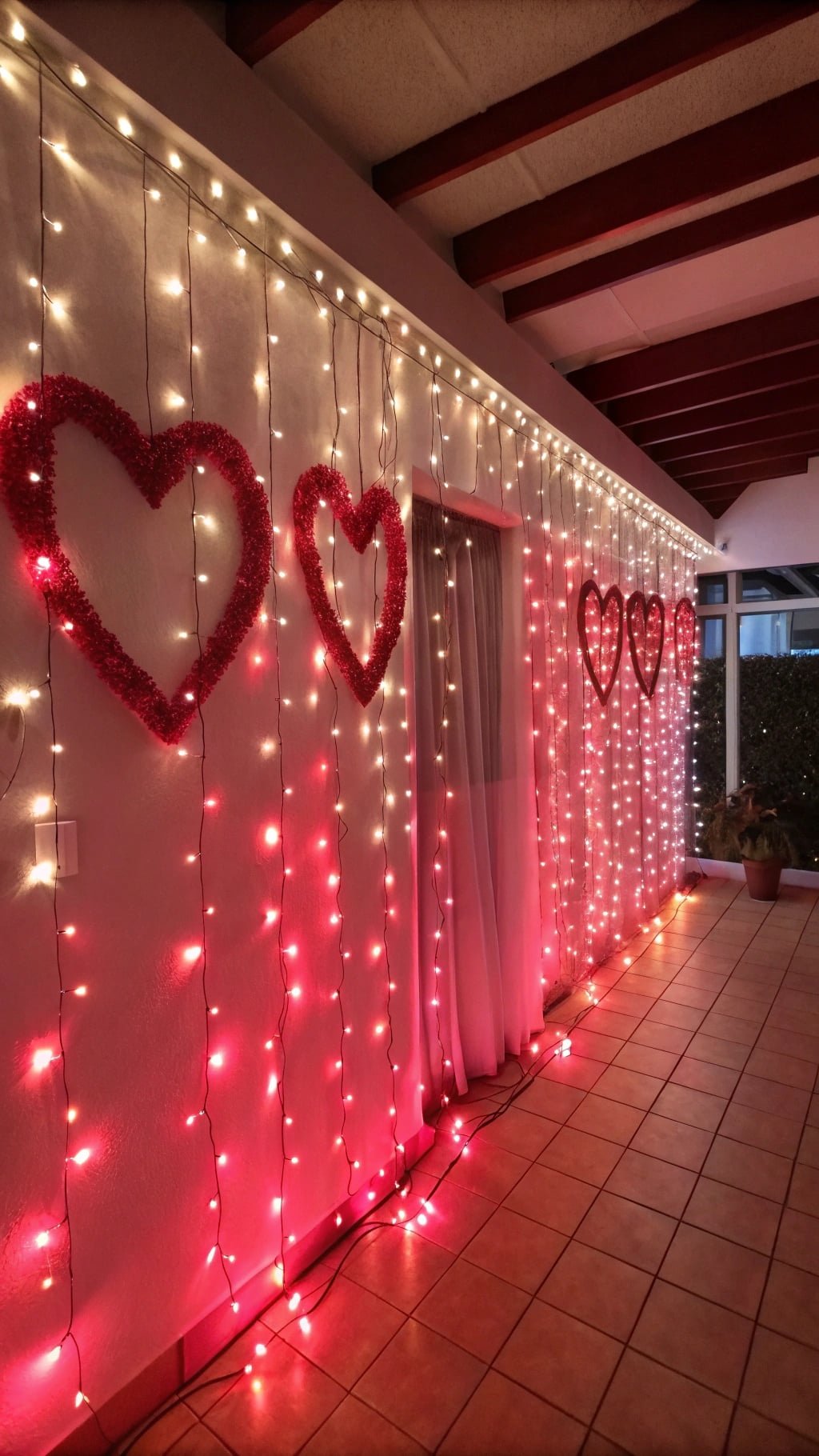 A wall decorated with string lights and heart accents for Valentine's Day. Valentine Decor