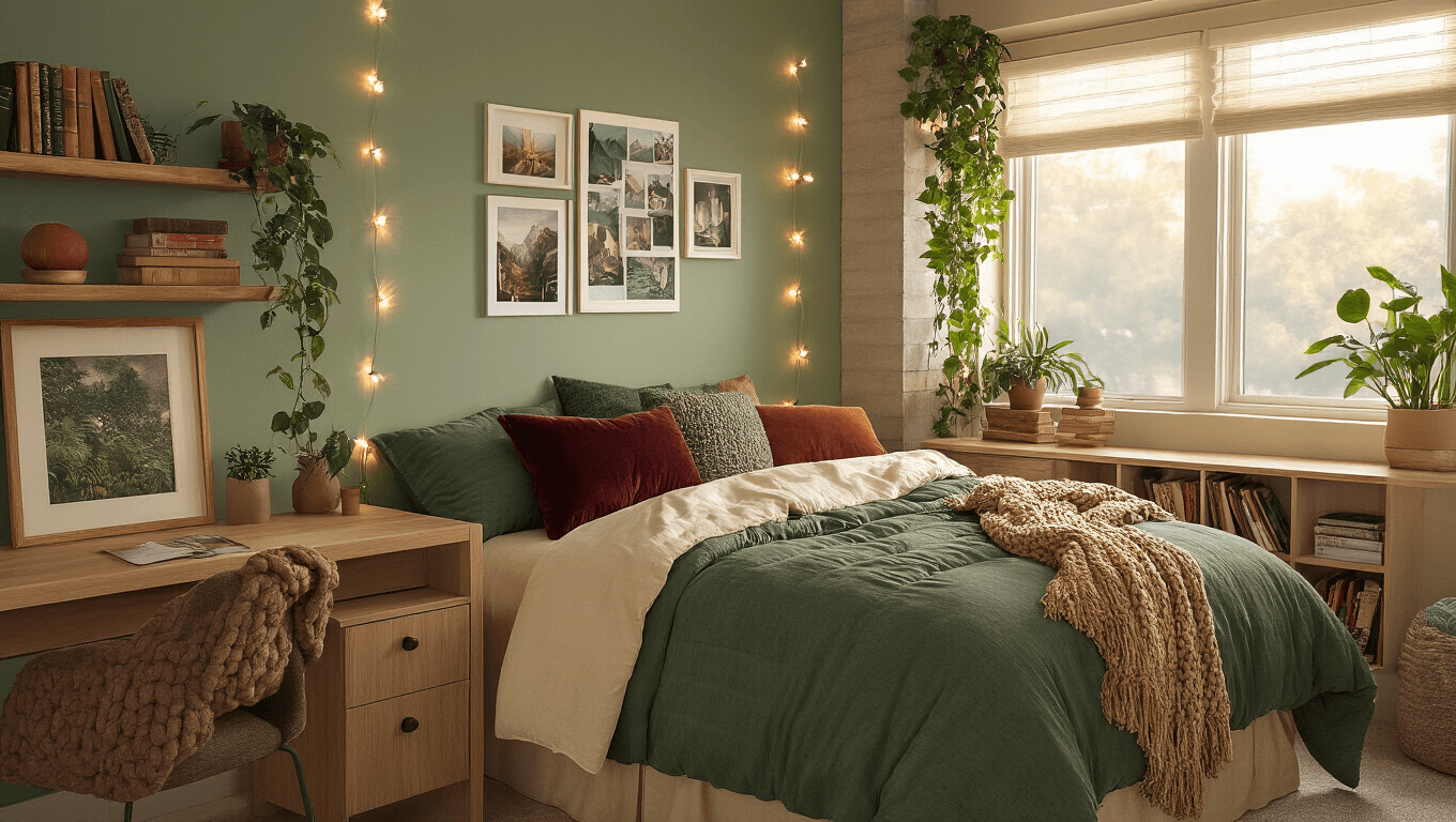 Cinematic wide-angle shot of a cozy dorm room with sage green wallpaper, warm lighting, layered twin XL bed, and an asymmetrical photo collage, featuring vintage books and a cascading pothos plant.