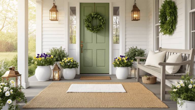 A picturesque farmhouse porch with a sage green door, white ceramic planters filled with pansies, a layered jute rug, copper lanterns, and a weathered teak bench, all illuminated by soft golden morning light.