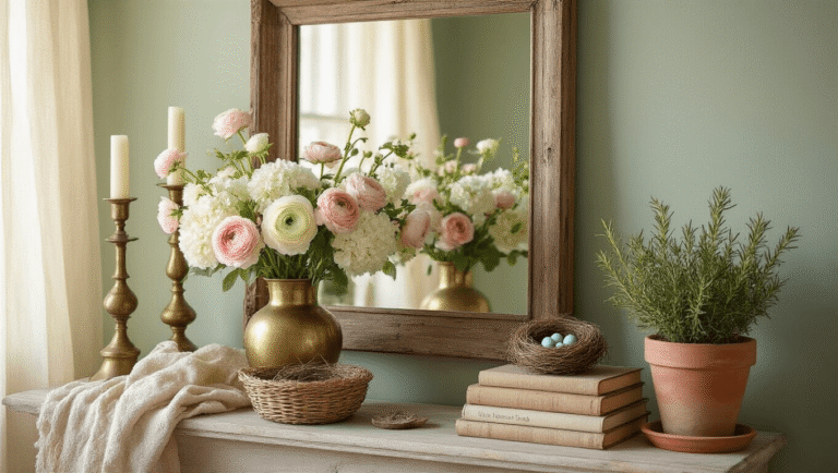 How I Transform My Fireplace Mantel Every Spring (And Why You'll Want to Copy These Ideas) Cinematic spring mantel scene featuring a rustic mirror, soft sage green wall, golden morning light, pale pink ranunculus, white hydrangeas in a brass vase, a textured basket with a bird nest and blue robin's eggs, antique brass candlesticks, weathered botanical books, a terracotta pot of rosemary, and a warm color palette in a cozy farmhouse aesthetic.