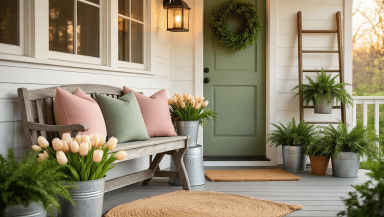 Cinematic wide-angle shot of a cozy spring front porch featuring weathered wooden furniture, glowing lanterns, faux tulips, and a hunter green door with an eucalyptus wreath.
