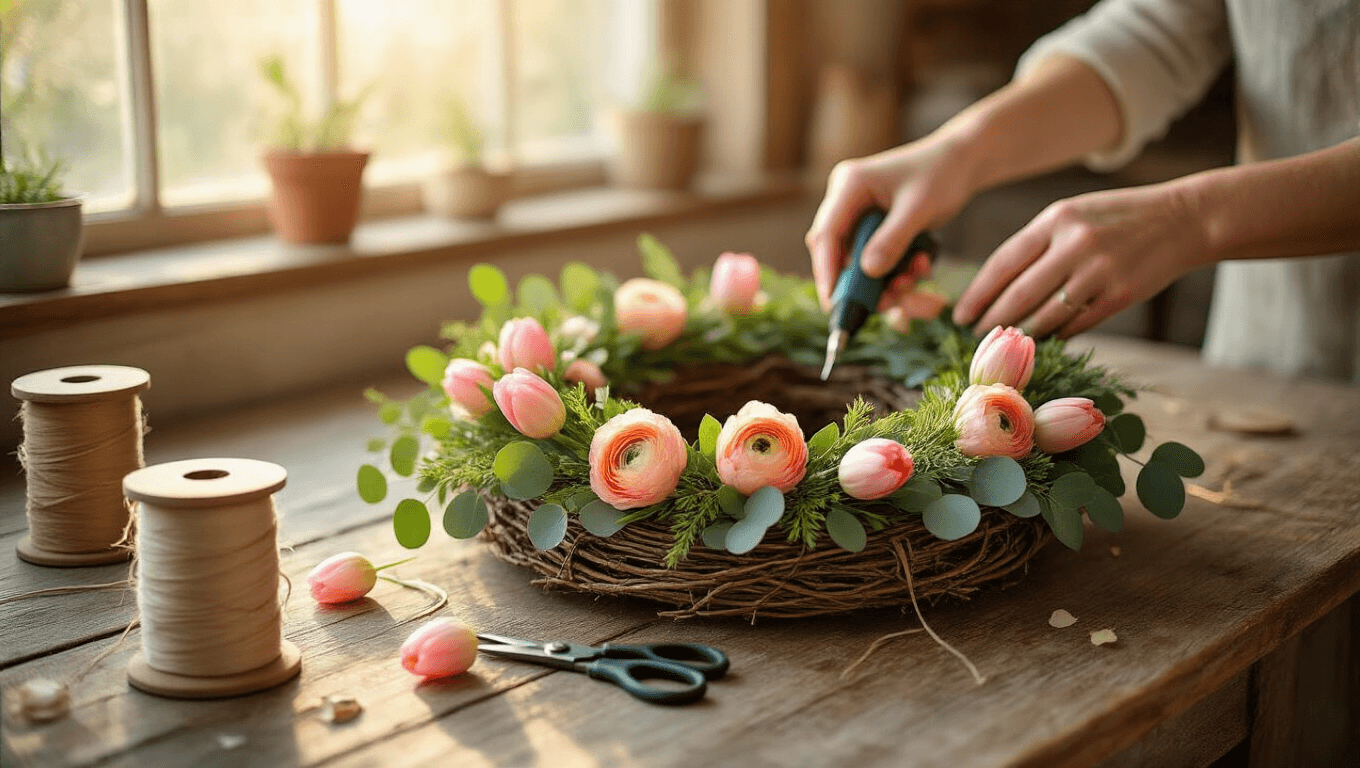 Cinematic close-up of hands assembling a spring wreath on a rustic farmhouse table, surrounded by eucalyptus, ranunculus, tulips, and crafting tools, illuminated by warm golden hour light.