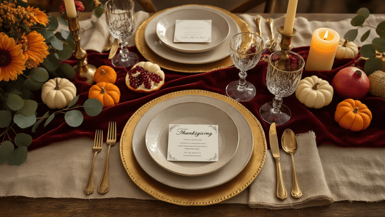 How to Create a Thanksgiving Table Setup That'll Make Your Guests Gasp (Without Losing Your Mind) Cinematic overhead view of an elegant Thanksgiving table setup featuring layered stoneware plates, a burgundy velvet runner, scattered mini pumpkins, brass candlesticks, and warm golden hour lighting, evoking a cozy autumn atmosphere.