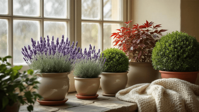 Ultra-realistic winter conservatory scene with lavender, Japanese maple, and boxwood in layered ceramic and terracotta pots, illuminated by soft northern light, featuring frosted windows, rich colors, and cozy details like a wool throw and vintage plant stand.