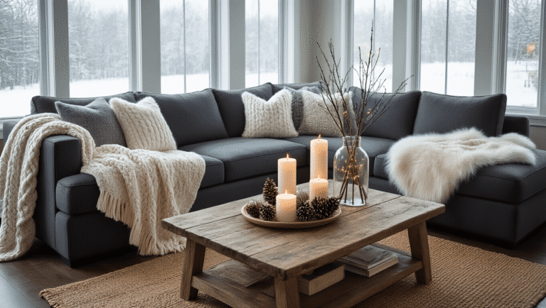 Cozy winter living room featuring a charcoal sectional sofa with ivory knit throws and gray faux fur blankets, a rustic wooden coffee table with white candles and frosted pine cones, and a jute rug on dark hardwood floors, with floor-to-ceiling windows showcasing a snowy landscape and warm ambient lighting.