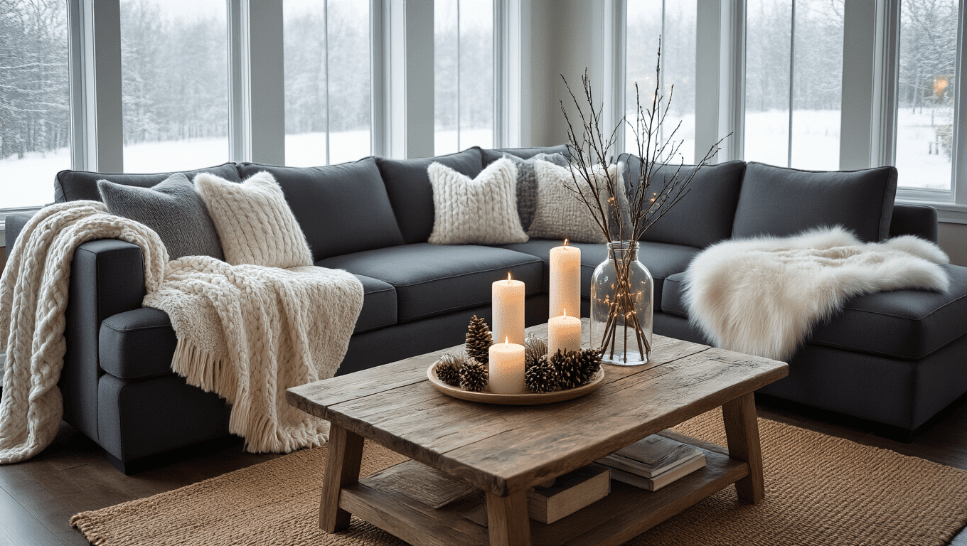 Cozy winter living room featuring a charcoal sectional sofa with ivory knit throws and gray faux fur blankets, a rustic wooden coffee table with white candles and frosted pine cones, and a jute rug on dark hardwood floors, with floor-to-ceiling windows showcasing a snowy landscape and warm ambient lighting.