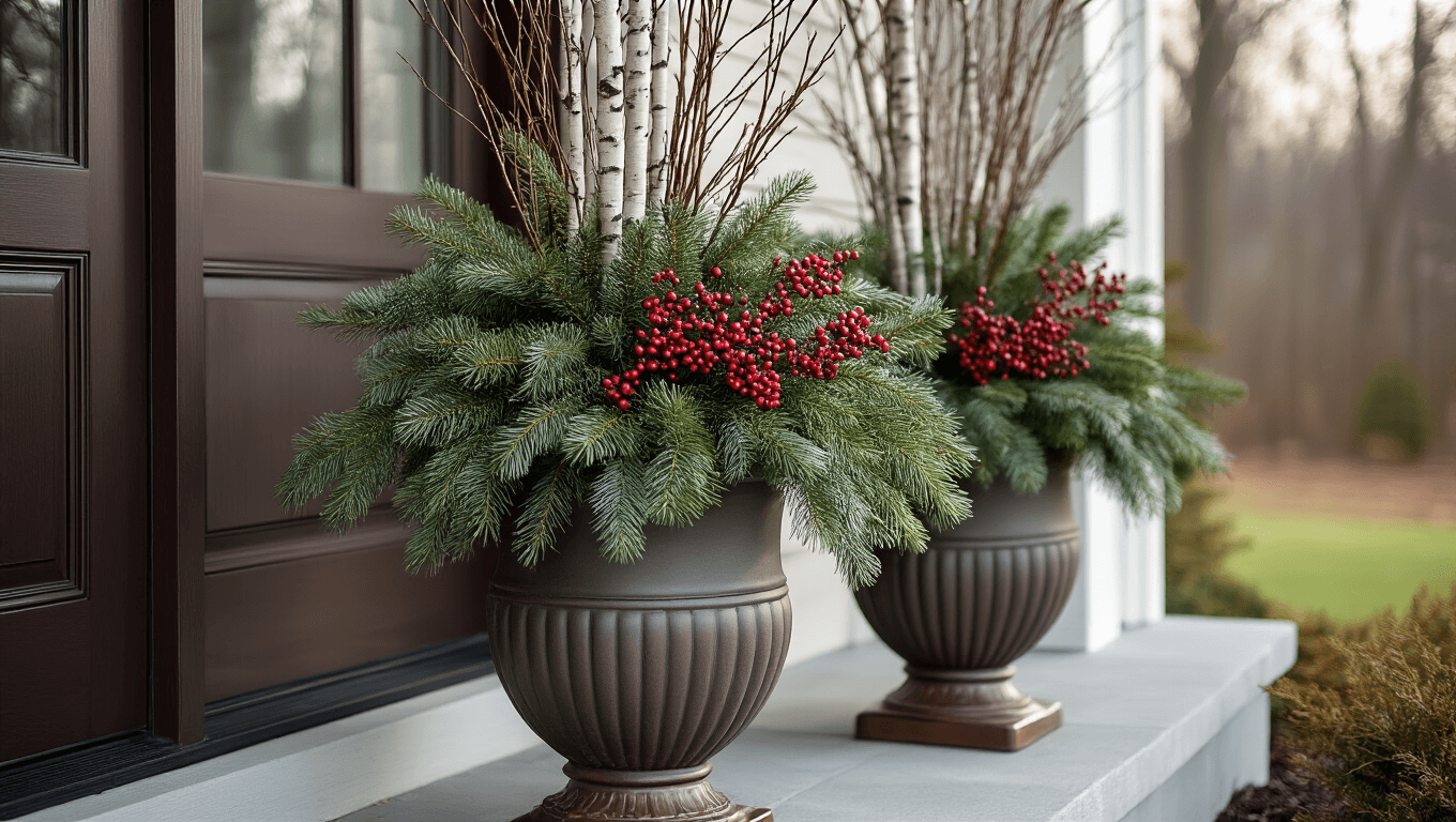 Cinematic winter scene featuring a large fiberglass urn planter at a front entrance, filled with layered evergreen branches, tall birch poles, and red-bark dogwood stems, set against a dark wooden door with soft grey morning light and dramatic shadows.