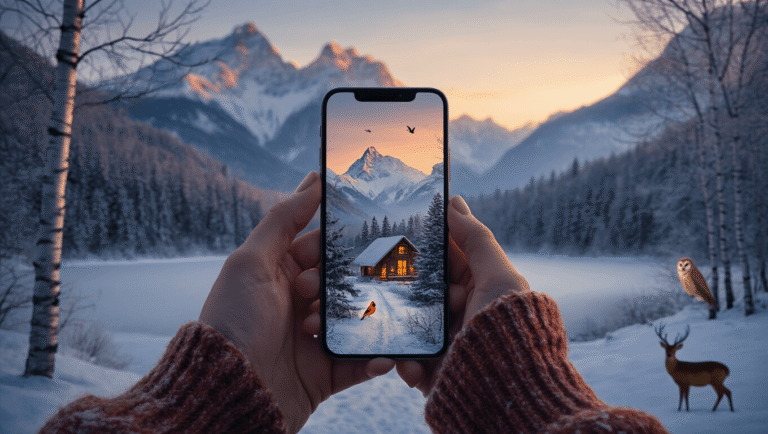 Winter Phone Wallpapers That'll Make You Actually Love the Cold Season Close-up of a smartphone displaying winter wallpapers, featuring snowy mountains, cozy cabins with glowing windows, a red cardinal on a frosted branch, and a deer family in a snowy meadow, held by hands in knit gloves, illuminated by soft golden hour light.