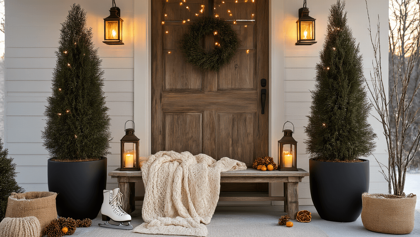 Cinematic winter porch adorned with cypress trees in black planters, vintage skates, a cozy cable-knit throw, warm string lights, and bronze lanterns, creating an inviting rustic atmosphere at golden hour.