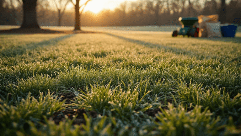 Winter Grass: Everything You Need to Know About Growing Green Lawns in Cold Weather (And Fighting Off Sneaky Weeds) Cinematic wide-angle shot of lush emerald ryegrass overseeded onto dormant Bermudagrass, glistening with frost in golden dawn light, with oak trees casting shadows and lawn care tools nearby.