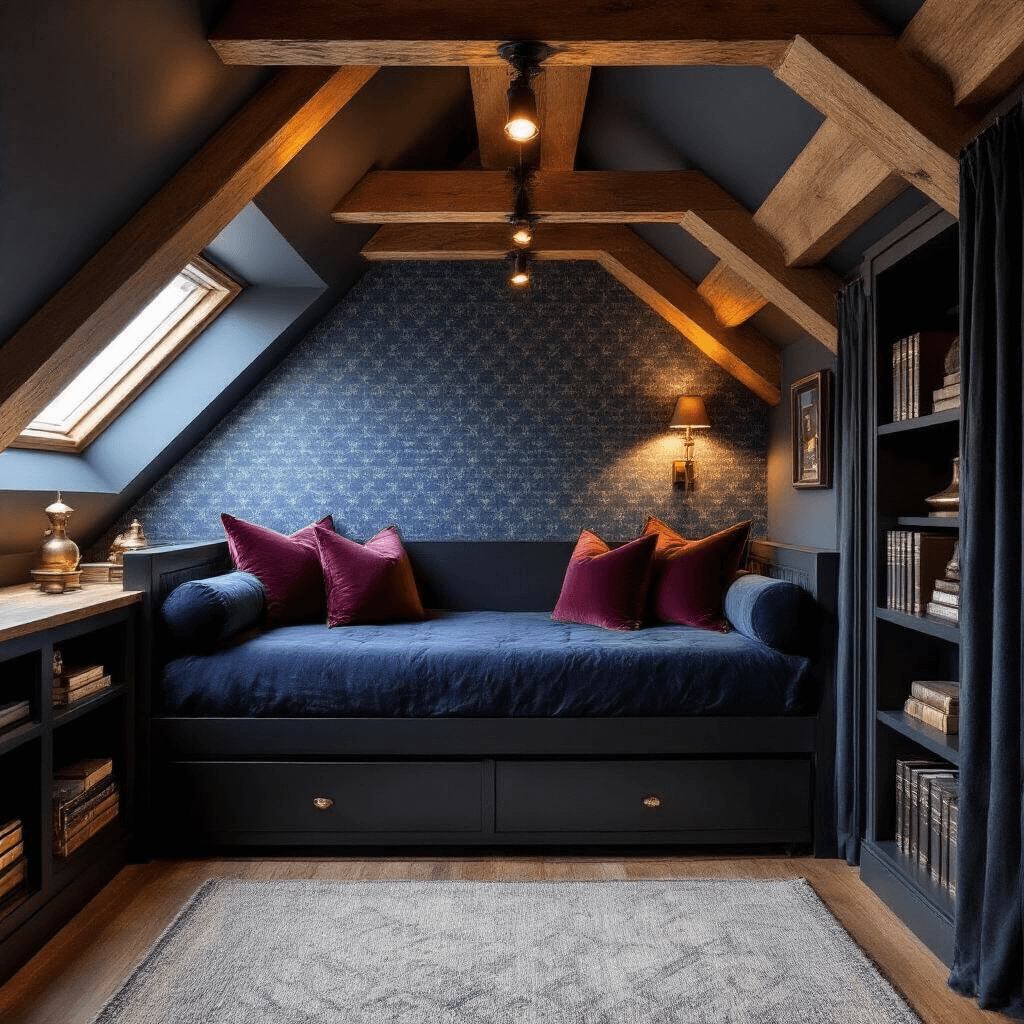 How I Turned My Dusty Attic Into a Bedroom That Actually Works Moody attic retreat with charcoal walls, walnut beams, a navy velvet daybed, and warm amber lighting, featuring blue-gray geometric wallpaper and built-in shelving.