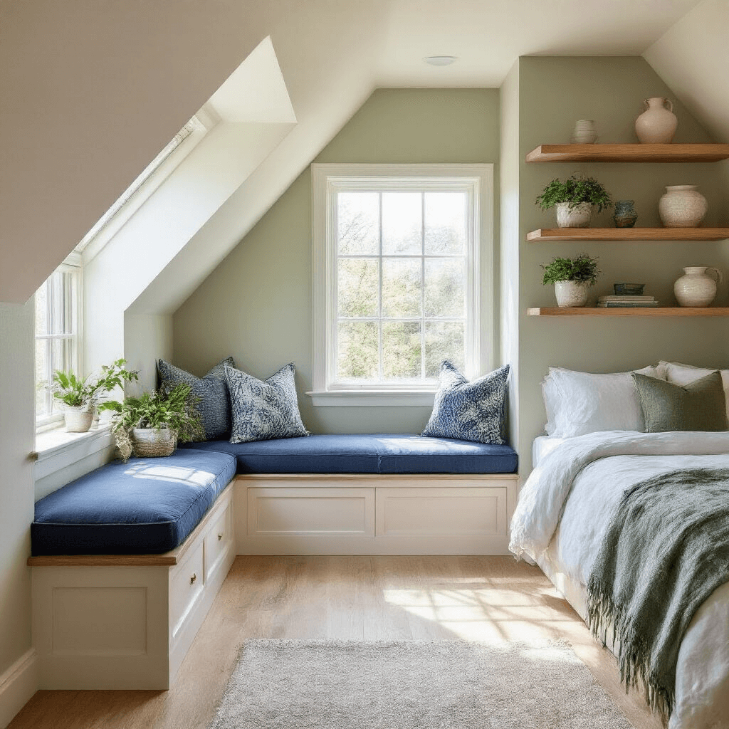 How I Turned My Dusty Attic Into a Bedroom That Actually Works Attic bedroom with light oak flooring, cream walls, and a sage green accent wall, featuring a custom window seat with navy cushions, floating white oak shelves with plants, and a full-size bed dressed in white bedding, all illuminated by morning sunlight.