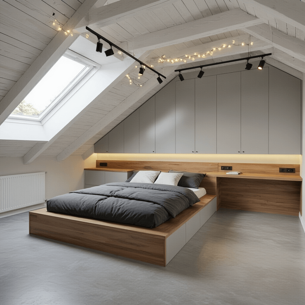 How I Turned My Dusty Attic Into a Bedroom That Actually Works Contemporary attic bedroom with exposed white ceiling beams, modern track lighting, a built-in light gray wardrobe, a low-profile walnut platform bed with gray linen bedding, polished light gray concrete floors, a fold-down walnut desk, and ambient string lights, all illuminated by late afternoon skylight and warm lighting.
