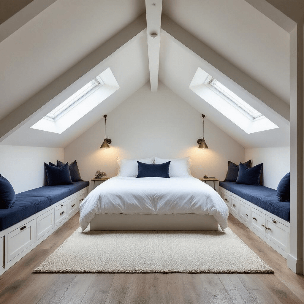 Attic Loft Ideas That'll Make You Wonder Why You've Been Storing Junk Up There Professional interior photography of a cozy attic loft bedroom during golden hour, showcasing a queen-sized bed with white linens, exposed rafters, skylights, and a reading nook, all bathed in warm natural light and soft shadows.