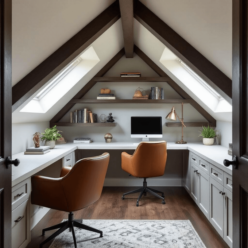 Attic Loft Ideas That'll Make You Wonder Why You've Been Storing Junk Up There Professional interior photograph of an attic home office featuring a sloped ceiling with dark-stained wooden beams, a custom white oak desk, matching built-in shelving, a cognac leather desk chair, and warm lighting, showcasing a sophisticated workspace under skylights.