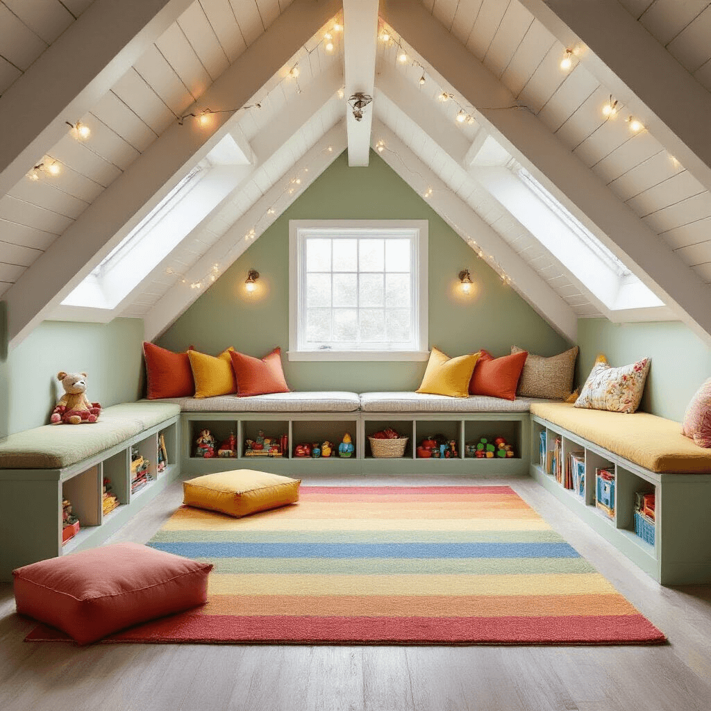 Attic Loft Ideas That'll Make You Wonder Why You've Been Storing Junk Up There Professional interior photograph of a bright attic loft children's playroom featuring white rafters, cozy nooks, built-in sage green storage, floor cushions in warm patterns, a central play area with a rainbow striped rug, string lights, two dormer windows, and a soft color palette.