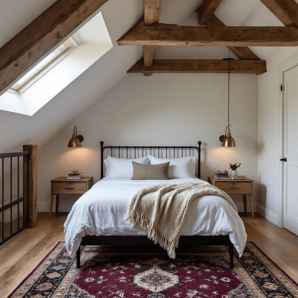 Attic Loft Ideas That'll Make You Wonder Why You've Been Storing Junk Up There Professional interior photograph of an attic loft guest bedroom featuring rustic-modern design elements, including a full-size matte black iron bed, crisp white linens, a vintage Persian runner, and warm ambient lighting, all captured during blue hour from the stairway entrance.