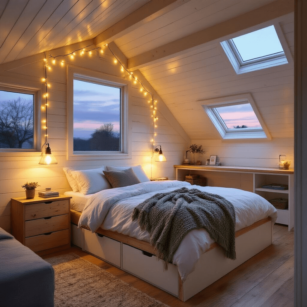 How to Convert a Shed into a Tiny House: My No-BS Guide to Affordable Living Photorealistic interior of a cozy bedroom loft in a converted shed tiny house at twilight, featuring warm ambient lighting, a queen-size bed with sage green throw, tongue-and-groove pine paneling, a compact desk, and a reading nook by a dormer window.