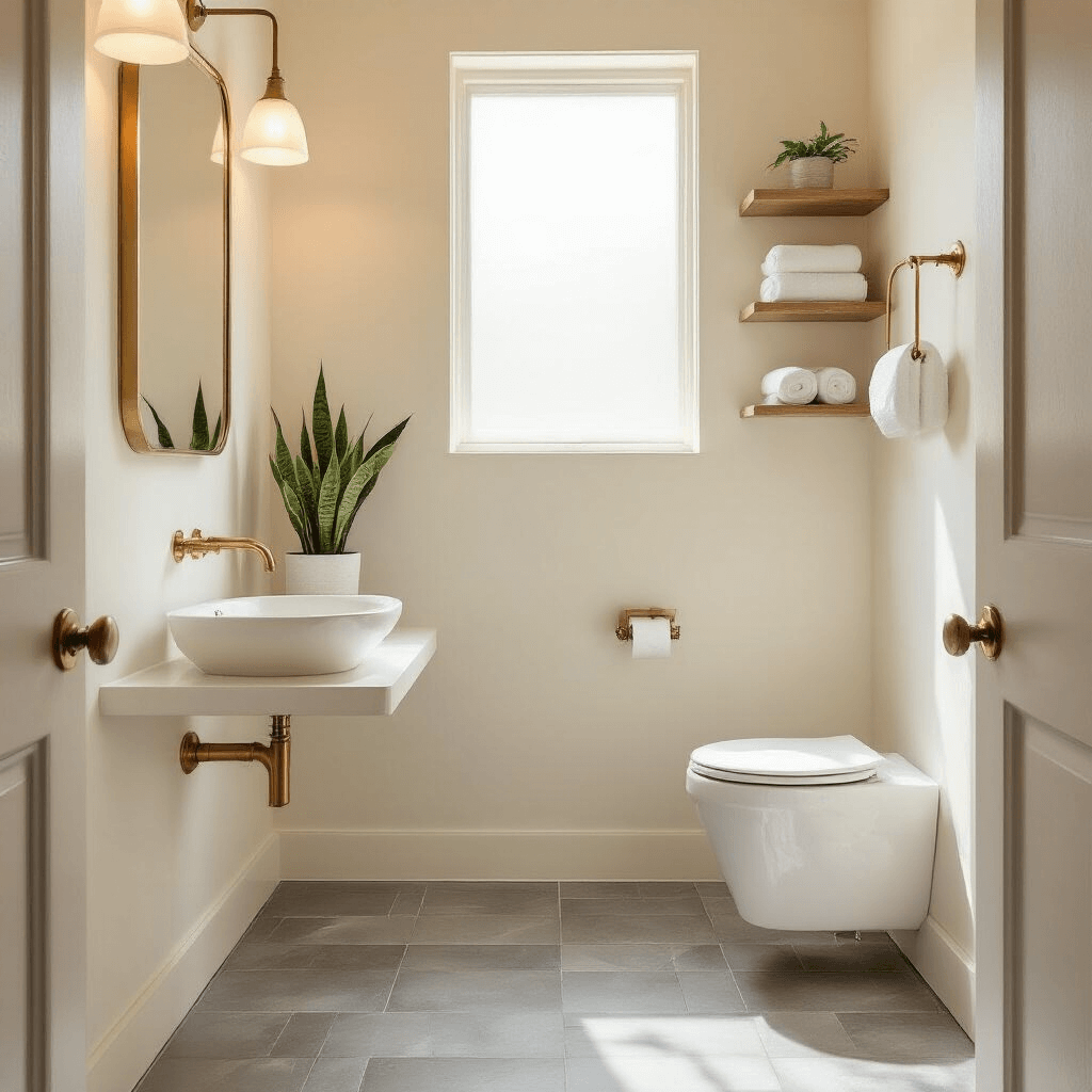 How to Design a Guest Toilet That Makes Your Visitors Feel Like Royalty (Without Breaking the Bank) Photorealistic image of a compact guest toilet with light cream walls, a wall-mounted white ceramic sink, large-format warm gray floor tiles, and a 30-inch brass-framed mirror reflecting the space, accented by a brass faucet and towel ring, and decorated with floating shelves holding towels and a snake plant, all illuminated by warm morning light.