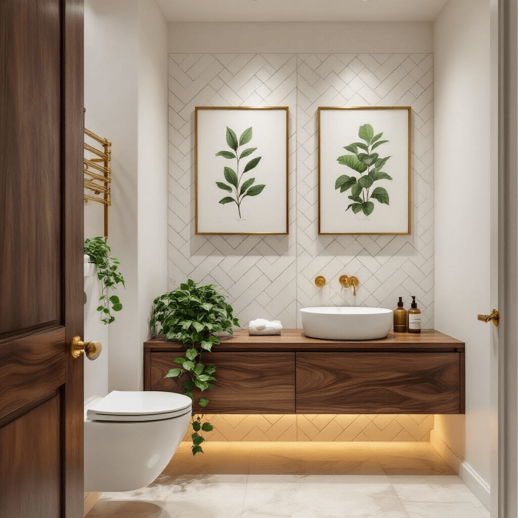 How to Design a Guest Toilet That Makes Your Visitors Feel Like Royalty (Without Breaking the Bank) Photorealistic interior of a luxurious guest toilet featuring a herringbone accent wall, a floating walnut vanity with a white vessel sink, a brass towel warmer, a gallery wall of botanical prints, and a pothos plant, all illuminated by warm LED lighting.