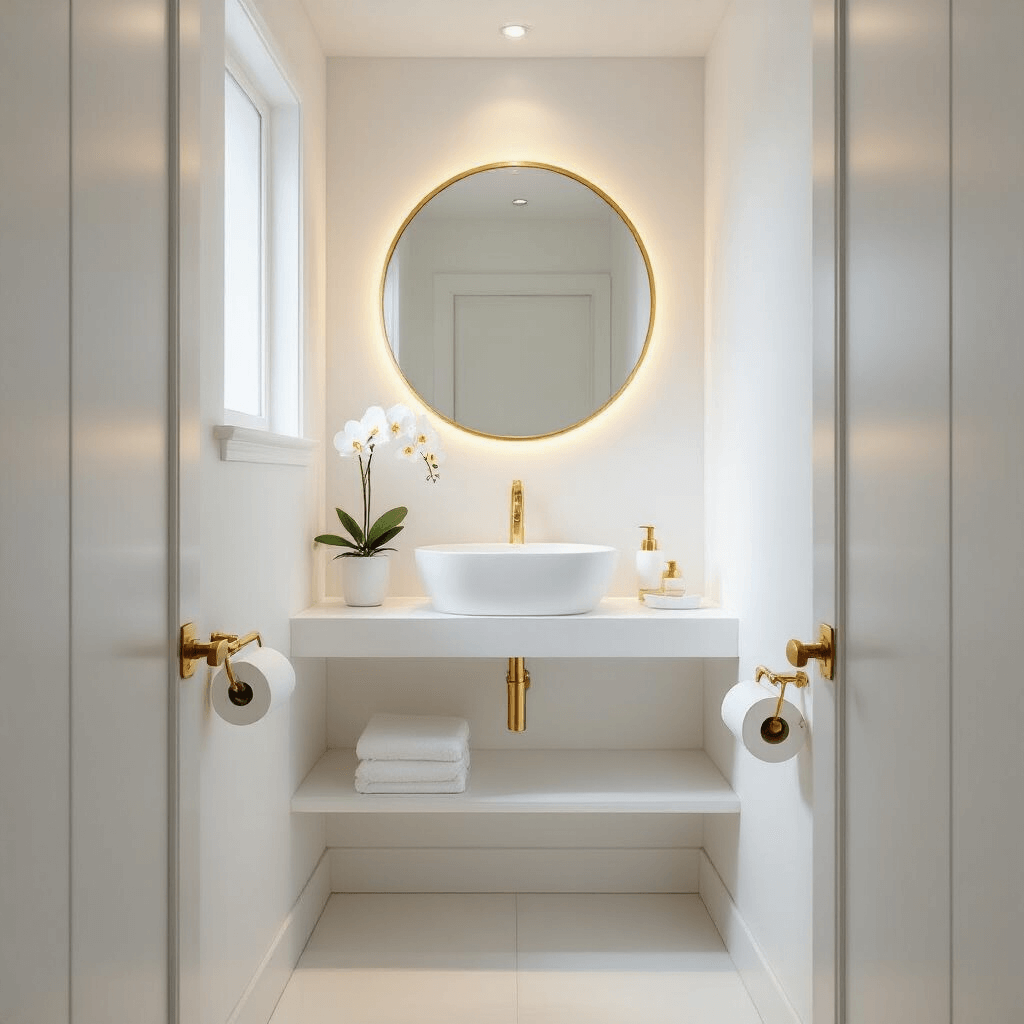 How to Design a Guest Toilet That Makes Your Visitors Feel Like Royalty (Without Breaking the Bank) Photorealistic modern guest toilet featuring bright white walls and ceiling, large circular gold-framed mirror, floating white sink with gold faucet, seamless large-format white tile floor, and soft morning light enhancing the space's openness.