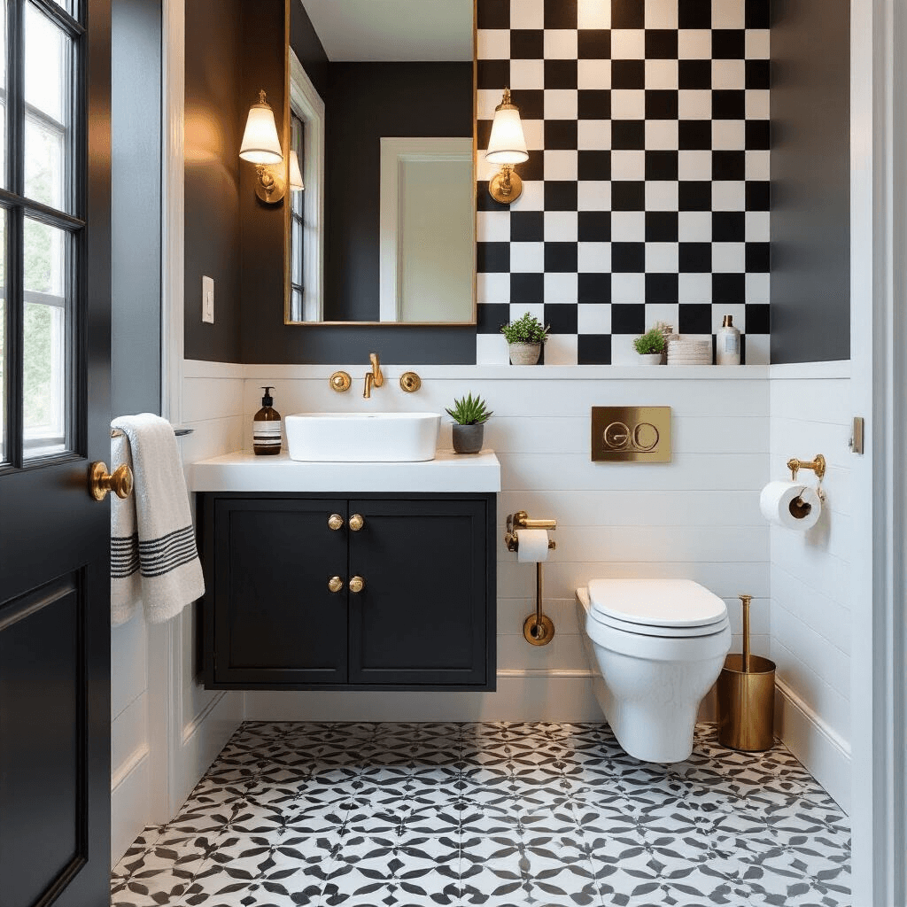 How to Design a Guest Toilet That Makes Your Visitors Feel Like Royalty (Without Breaking the Bank) Photorealistic interior of a compact guest toilet featuring a floating white ceramic sink, geometric black and white checkerboard wall, and brass fixtures, with a corner-mounted white toilet, warm lighting, and decorative elements including a wall shelf and adhesive hooks for towels.