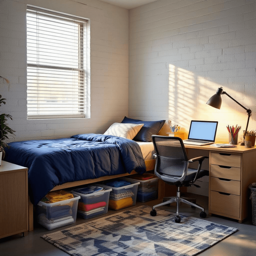 Everything You Need to Know About Setting Up Your College Dorm Room Photorealistic image of a cozy college dorm room featuring white cinder block walls, a Twin XL bed with a navy blue comforter, cluttered desk with an open laptop and colorful pens, and warm afternoon light streaming through a window with metal blinds.