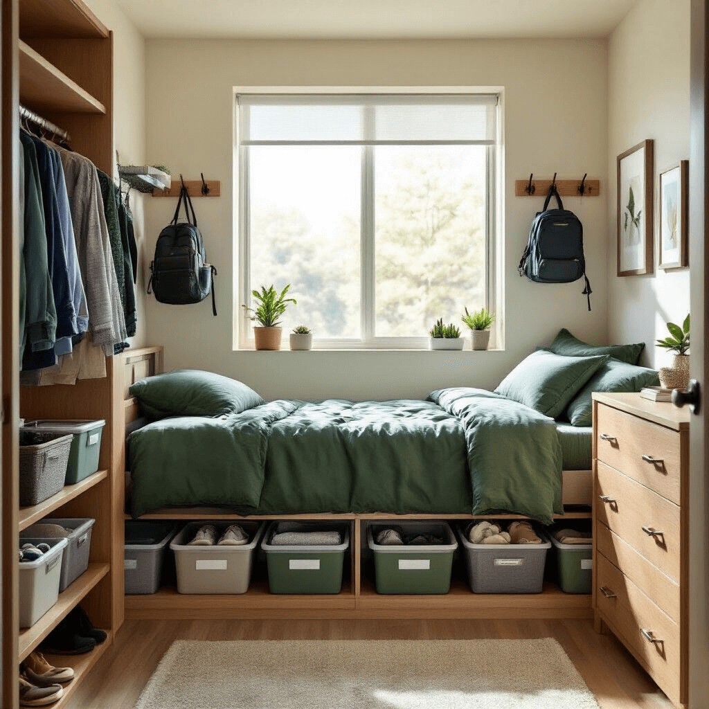 Everything You Need to Know About Setting Up Your College Dorm Room A well-organized contemporary dorm room featuring a twin XL bed with forest green bedding, labeled storage bins beneath, a hanging closet organizer, over-the-door hooks for accessories, a tidy wooden dresser with drawer dividers, and a windowsill adorned with a small succulent and framed photos, all illuminated by morning light.