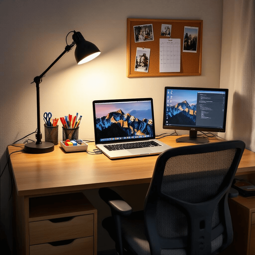 Everything You Need to Know About Setting Up Your College Dorm Room Intimate study corner of a dorm room at night, featuring a warm-lit desk with a laptop and external monitor, organized charging cables, a desk organizer with stationery, a cork board with photos and a class schedule, a wooden desk with natural grain, and an ergonomic chair, all captured from an over-shoulder angle in a contrasted lighting environment.