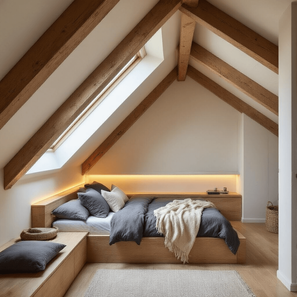 Interior view of a transformed attic bedroom with exposed wooden beams and a sloped roof, featuring a low-profile platform bed with gray linen bedding, warm oak built-ins, and golden hour light streaming through a skylight, creating a cozy atmosphere.
