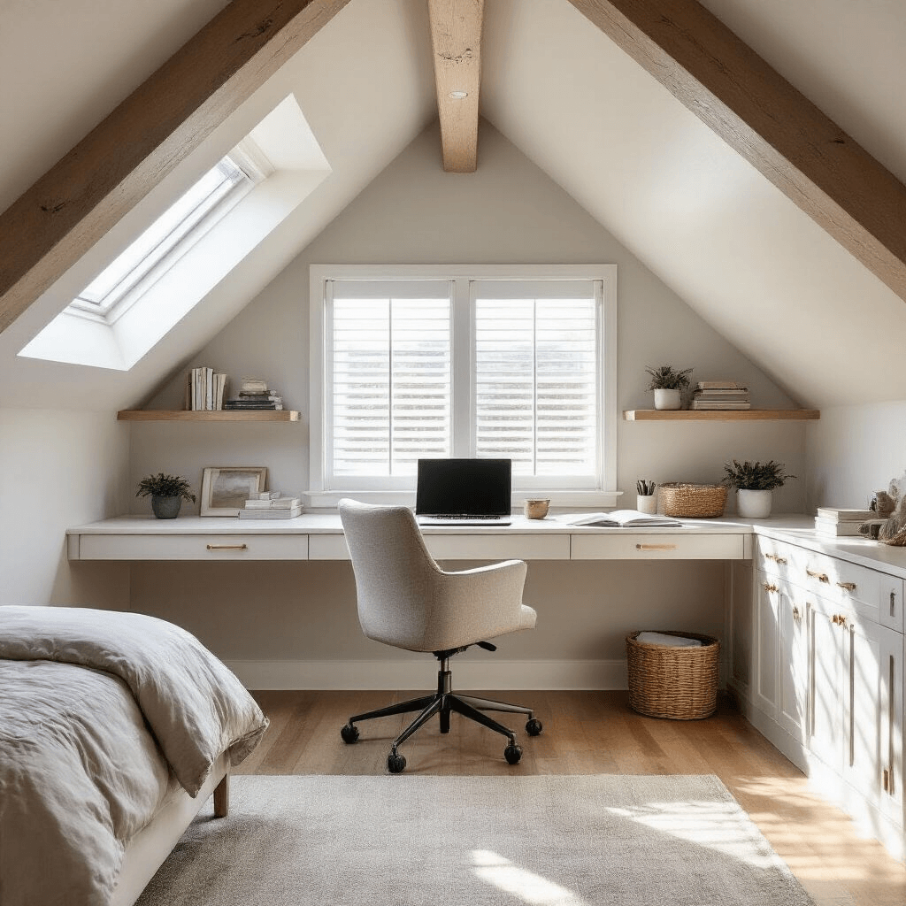 Wide-angle shot of a compact attic bedroom work zone with a white oak desk and ergonomic chair under sloped ceilings, showcasing exposed gray beams and natural light from dormer windows with wooden blinds. Floating shelves display books and plants, with a brass wall sconce for task lighting.
