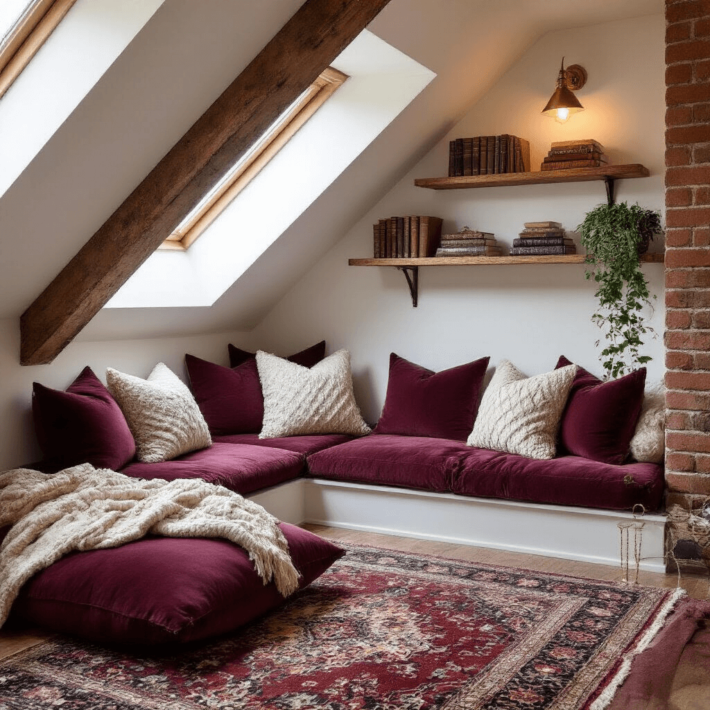 Cozy attic reading nook with plush burgundy velvet cushions and cream cable-knit pillows on a vintage Persian rug, illuminated by soft afternoon light through skylights and a brass clamp light, featuring an exposed brick chimney and oak shelves with books and plants.