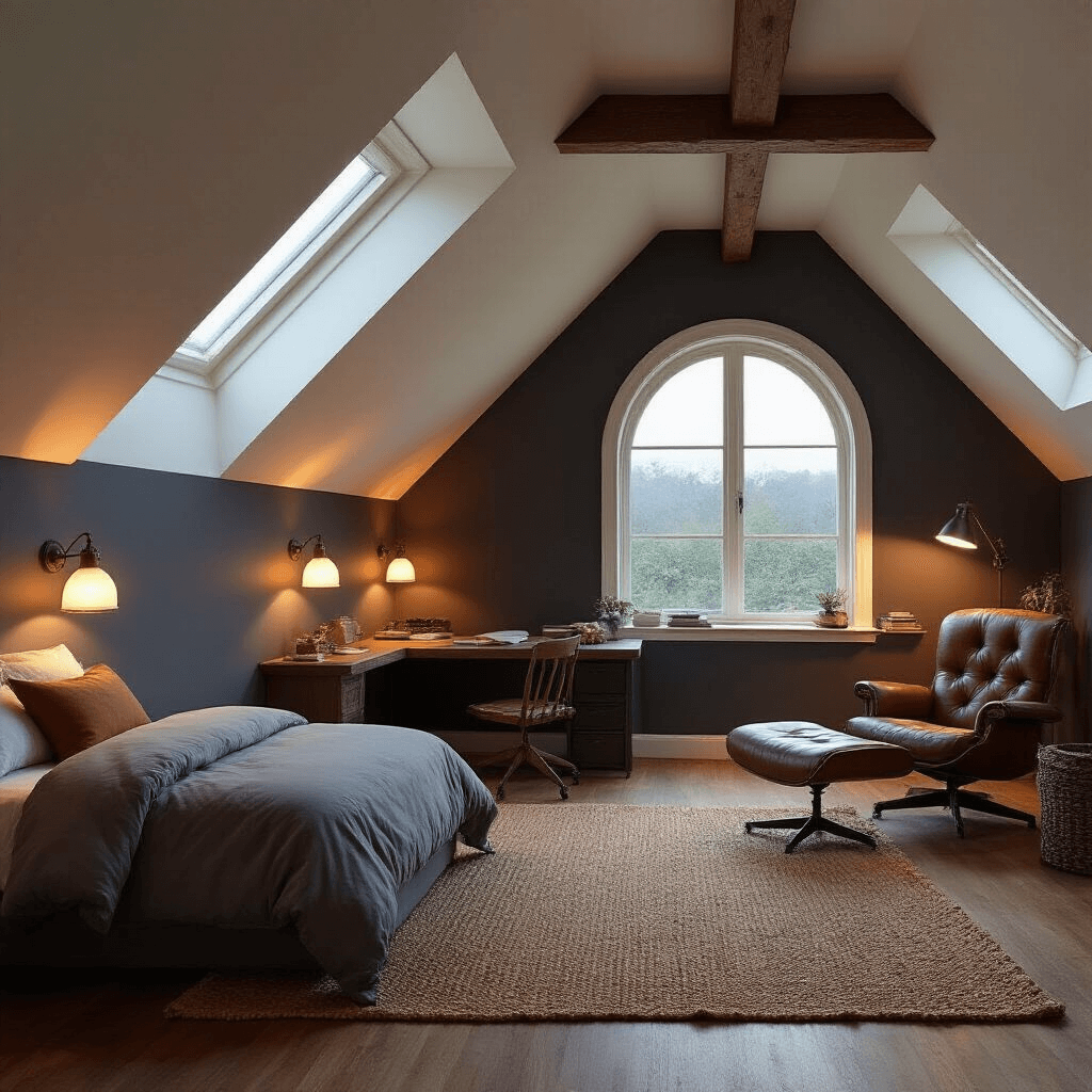 Spacious attic bedroom with defined zones for sleeping, working, and relaxation, featuring warm amber and bright white lighting, deep charcoal walls, cream ceiling, and exposed dark walnut beams, captured during blue hour.