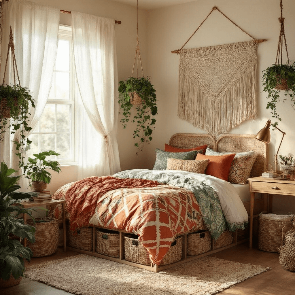 Dorm Room Aesthetic: How I Transformed My Tiny Space Into a Magazine-Worthy Haven Photorealistic boho chic dorm room interior featuring a twin XL bed with patterned bedding, vintage pillows, and a macramé wall hanging, illuminated by warm afternoon sunlight filtering through gauzy curtains. Rattan storage, a wooden desk with a brass lamp, layered rugs, and plants add cozy details, while string lights create a warm ambiance.