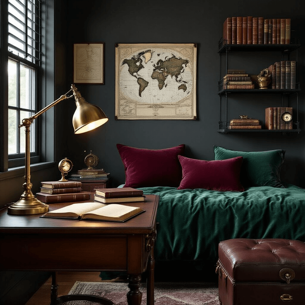 Dorm Room Aesthetic: How I Transformed My Tiny Space Into a Magazine-Worthy Haven Photorealistic dark academia dorm room interior featuring a twin bed with an emerald velvet duvet, a vintage wooden desk with leather-bound journals, and black metal floating shelves displaying antique books, all bathed in warm amber lighting.