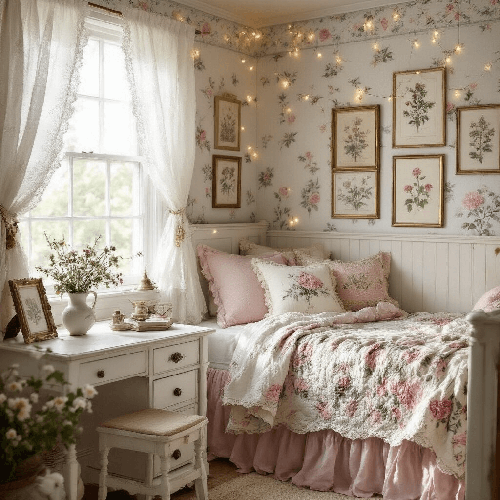 Dorm Room Aesthetic: How I Transformed My Tiny Space Into a Magazine-Worthy Haven Photorealistic cottagecore dorm room interior featuring a twin bed with floral bedding, a distressed white wooden desk with vintage decor, fairy lights, and soft morning light filtering through lace curtains, creating a cozy and romantic atmosphere.