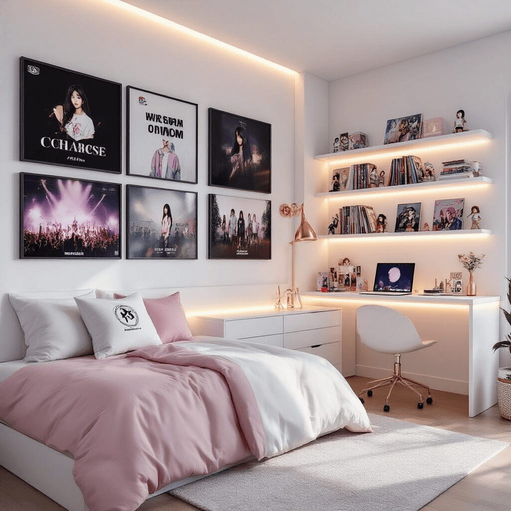 Dorm Room Aesthetic: How I Transformed My Tiny Space Into a Magazine-Worthy Haven Photorealistic K-pop inspired dorm room featuring a minimalist twin XL bed, framed album covers and concert photography, a sleek white desk with organized collectibles, rose gold accent lighting, and a geometric patterned rug, all in bright afternoon light.