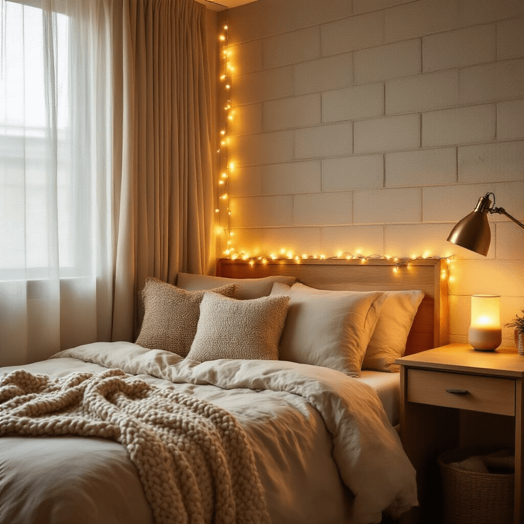 How I Transformed My Dorm Room from Drab to Fab (Without Breaking the Bank) Interior shot of a cozy dorm room at golden hour, featuring a twin XL bed with beige bedding, warm LED string lights, and soft amber light from lamps illuminating the space with intimate shadows against cinderblock walls.