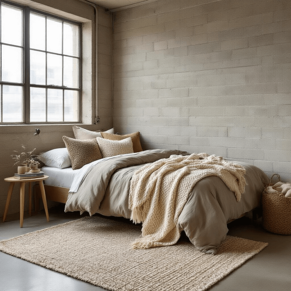 How I Transformed My Dorm Room from Drab to Fab (Without Breaking the Bank) Cozy dorm room showcasing layered textiles: a twin XL bed with a taupe comforter and pillows, a chunky knit throw, an earth-toned rug on polished concrete, and natural light from industrial windows highlighting various textures.