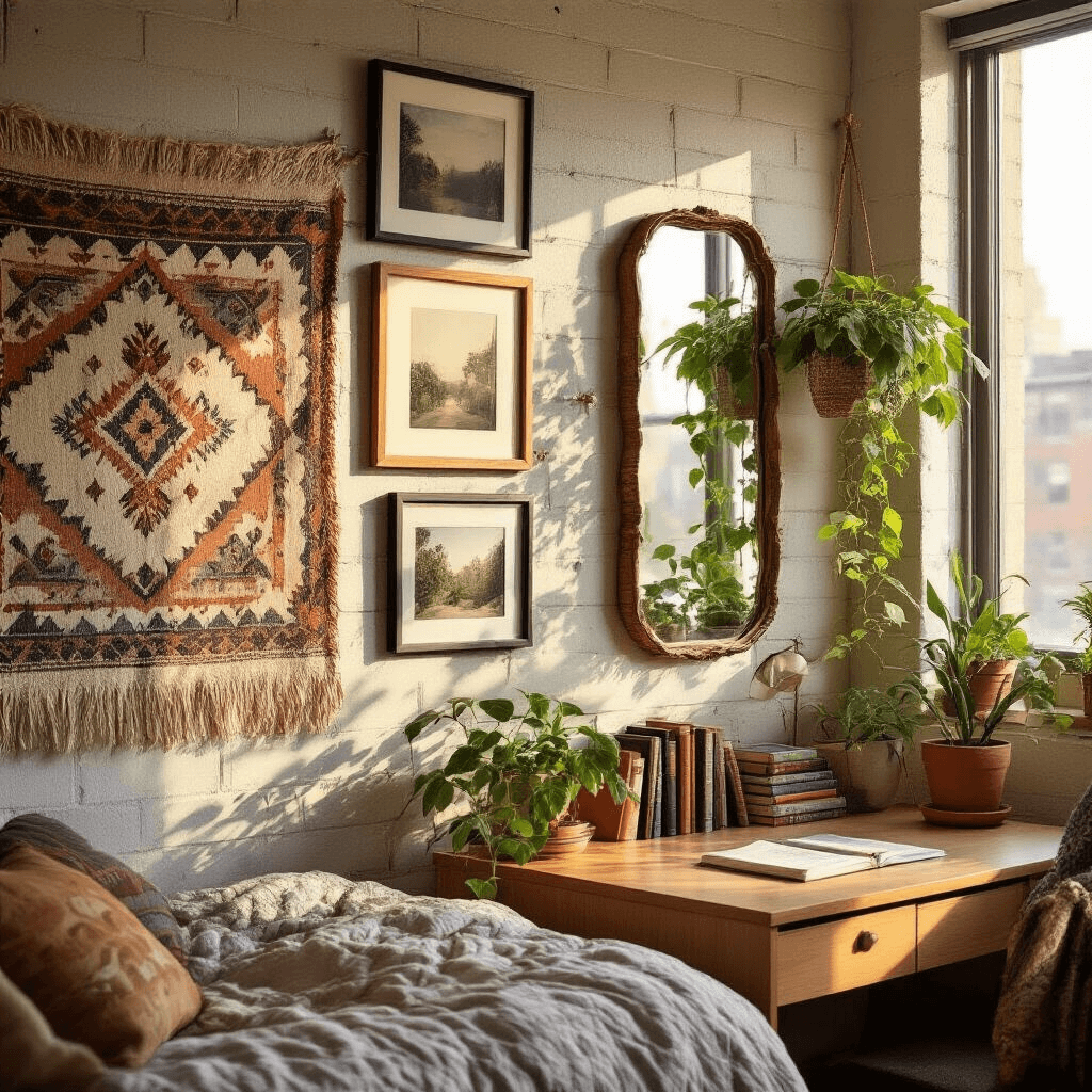 How I Transformed My Dorm Room from Drab to Fab (Without Breaking the Bank) Interior view of a dorm room wall showcasing an eclectic gallery of photos in mismatched frames, a large woven tapestry, and a statement mirror reflecting warm afternoon light, with a desk area featuring floating shelves of plants and vintage books, emphasizing the contrast between institutional walls and personal decor.