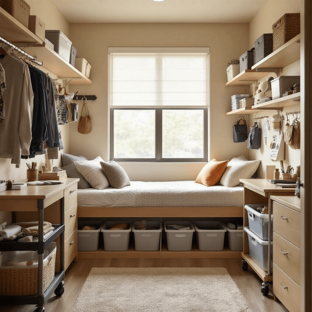 How I Transformed My Dorm Room from Drab to Fab (Without Breaking the Bank) Interior photograph of an organized dorm room showcasing vertical storage solutions, featuring a raised twin XL bed with under-bed bins, over-the-door shoe organizers, floating shelves, a rolling cart beside a compact desk, and wall-mounted hooks, all illuminated by mid-morning light in a neutral color palette.