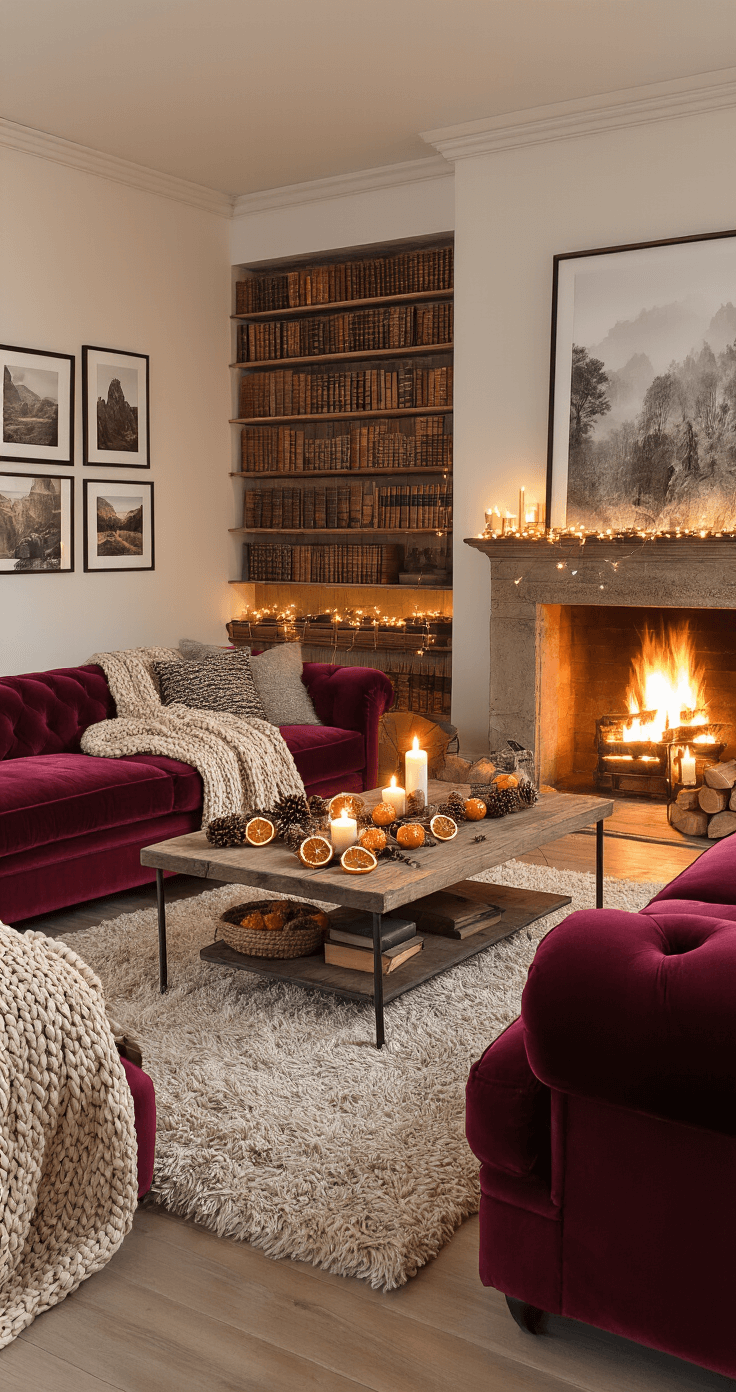 The Burr Basket: Your Ultimate Guide to Creating Cozy Cold-Weather Gift Collections A warm and inviting living room featuring burgundy velvet sofas, a rustic coffee table with candles and pinecones, a crackling fireplace, string lights, nature photography, a large bookshelf, and a cozy area rug.