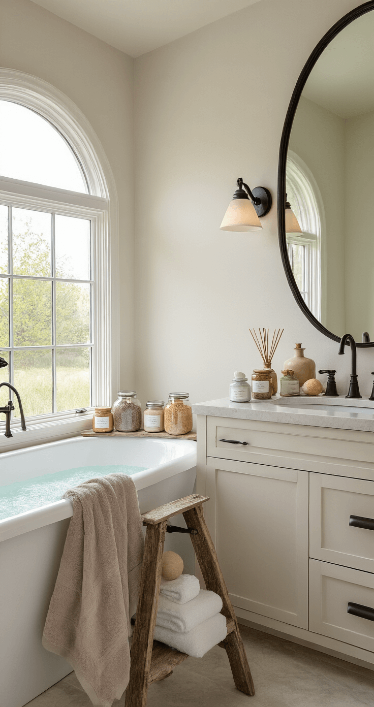 The Burr Basket: Your Ultimate Guide to Creating Cozy Cold-Weather Gift Collections A serene bathroom with a claw-foot tub under a large arched window, surrounded by luxurious bath products, a plush towel on a wooden ladder, a sleek round mirror, minimalist sconces, and soothing gray hexagonal tiles.