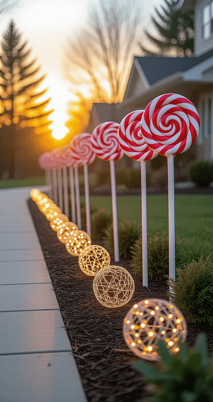 A whimsical front yard at sunset, featuring playful red and white candy cane sculptures made from pool noodles, oversized colorful lollipop ornaments, and delicate chicken wire spheres with twinkling fairy lights, creating an enchanting winter wonderland atmosphere.