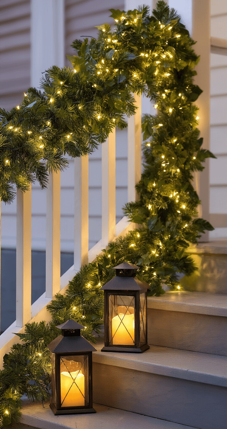 A cozy front porch at night illuminated by warm battery-operated lights, featuring a lush pre-lit garland on the railing and three lanterns with flickering candles on the steps, creating an inviting holiday atmosphere.