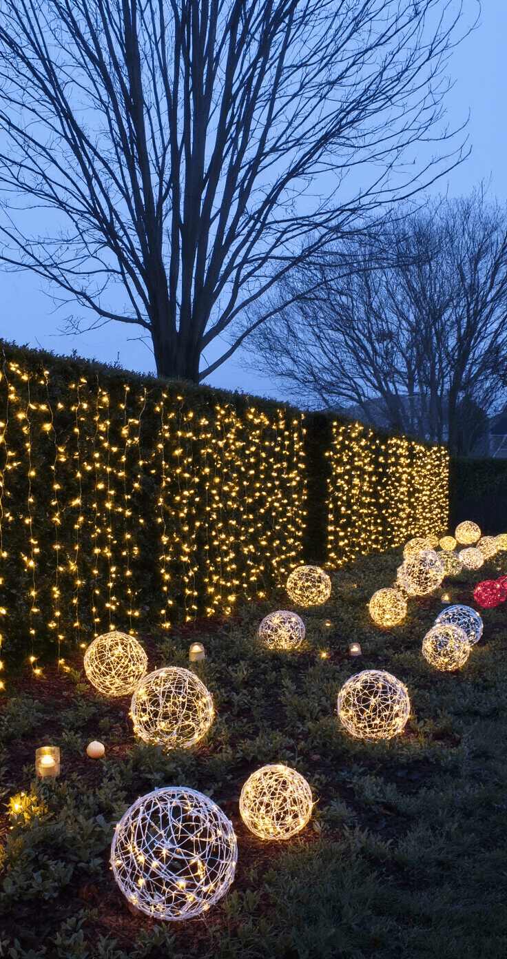 A cozy front yard illuminated by net lights draped over boxwood bushes, with oversized light balls made from chicken wire adding vibrant color against a twilight backdrop, creating a festive yet serene holiday atmosphere.